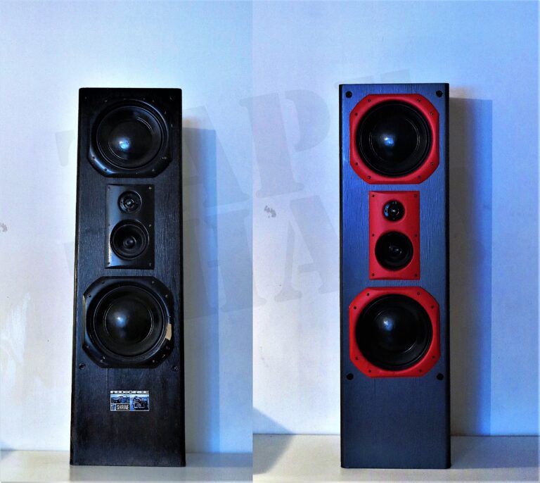 Kõlarite kiletamine. Vana must kõlar ja sama kõlar pärast kiletamist tumeda puidusüü mustri ja punaste aktsentrõngastega – kõlarite uuendamine dekoratiivkilega